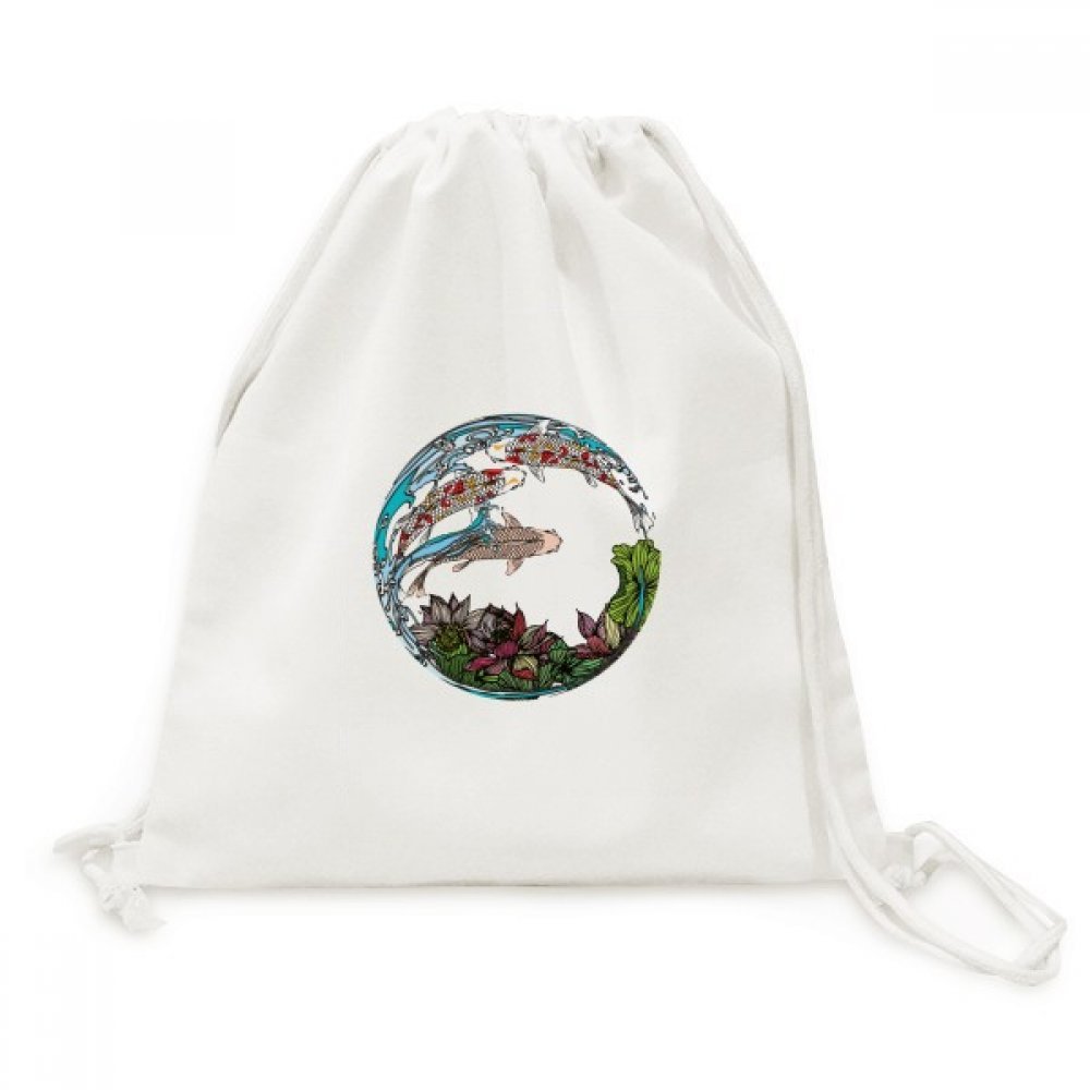 Toile drawstring backpack imprimé carpe feuille lotus voyage léger