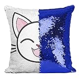 Fabulous Pailletten-Kissenbezug Blau Katze Lächelnd Glücklich Japan Manga Kawai Kinderdarstellung