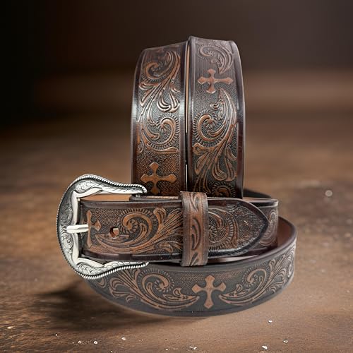 Western Cross Leather Belt for Men Handmade Religous Full Grain Cowboy Leather Belt 1.5” Wide Engraved Embossed Tooled3