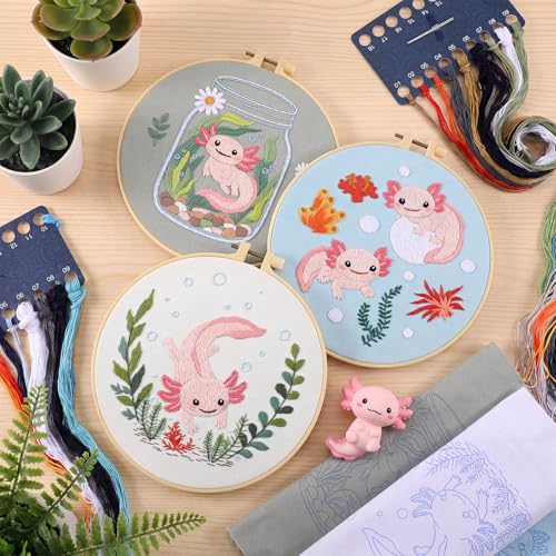 Image of Mindsoft 3 Set Needlepoint Kit for Beginners with Hoop,Axolotl | Bamboo Hoop Thread Needles Instructions, Easy Hand Embroidery for Beginners Home Crafts,Pre-stamped Funny Cute Designs
