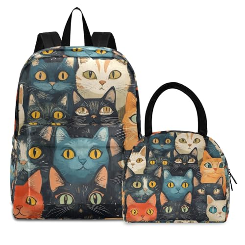 Backpack Lunch Box Set Large Capacity Travel Backpacks and Insulated Lunch Bag for Commute Hiking Picnic Anime Cats Portrait Print