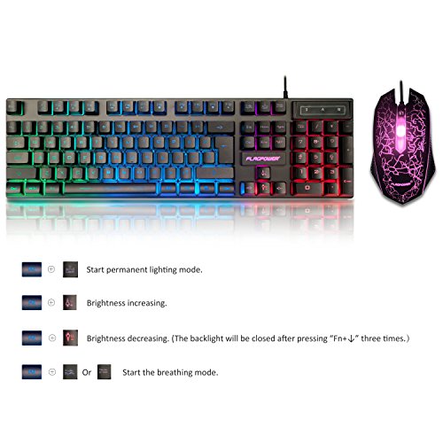 (Upgrade Version) FLAGPOWER LED Backlit Wired Gaming Keyboard and Mouse Combo, Mechanical Feeling Rainbow LED Backlight Keyboard with 3200DPI Adjustable USB Mice for PC/laptop/MAC/win7/win8/win10