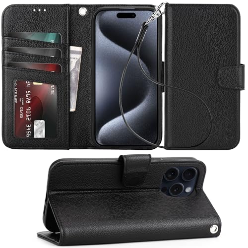 Arae Compatible with iPhone 15 Pro Case with Card Holder and Wrist Strap Wallet Flip Cover for iPhone 15 Pro 6.1 inch Men RFID Blocking Wristlet Kickstand,Litchi Black