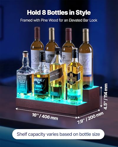 Image of VEVOR LED Lighted Liquor Bottle Display, 2-Tier 16 Inch Whiskey Rack, Supports USB, Illuminated Home Bar Shelf with RF Remote & App Control, 7 Static Colors, Acrylic+ Wood Lighted Shelf for 8 Bottles