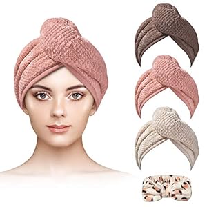 H.VERONNEX Microfiber Hair Towel 3+1 Pack Hair Turbans for Wet Hair, Hair Towel Wrap Fast Drying for Curly Hair Women Anti Frizz(Coffee/Pink/Khaki)