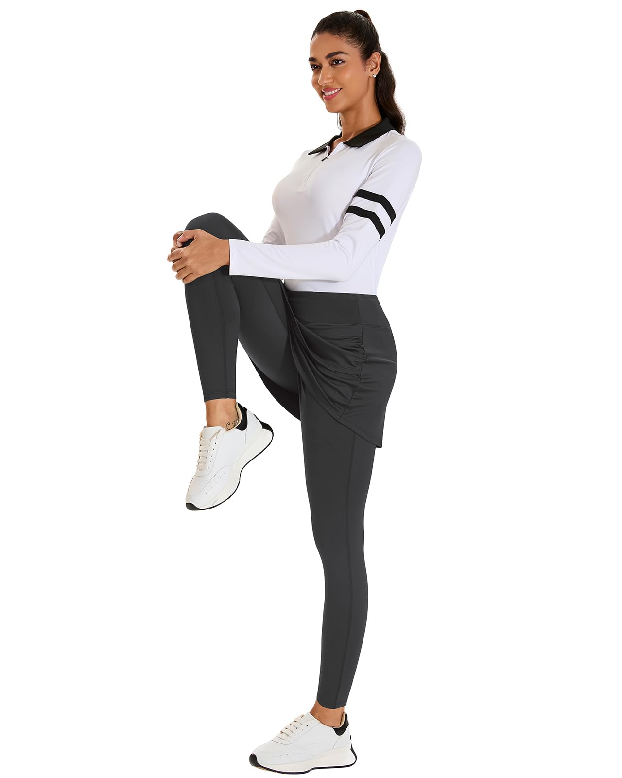 WOWENY Damen Leggings mit Rock Knöchelläng Laufhose Tennisrock mit Leggings mit Taschen Soft Rockhose Tennisbekleidung 2-in-1