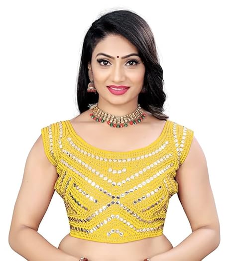 Women's Fashion Real Mirror Embroidery Sequence Work Ready to Wear Stylish Blouse Design Round Neck Sleeveless Readymade Blouse- Navratri Blouse (Yellow)