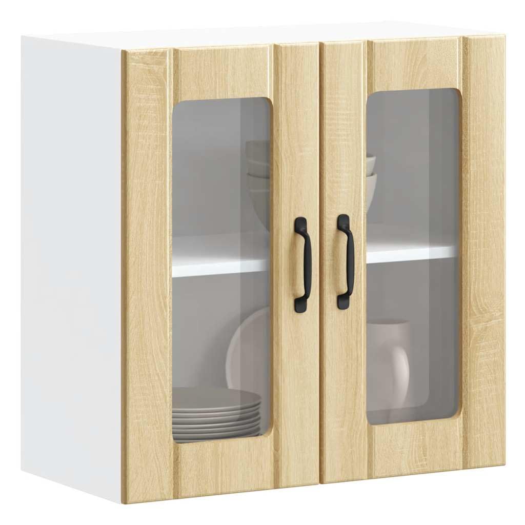 Lucca - Armadietto da cucina sospeso con anta in vetro, rovere Sonoma, 60 x 31 x 60 cm, montaggio a parete, armadio multiuso con spazio per stoviglie, pentole, microonde, organizer per cucina
