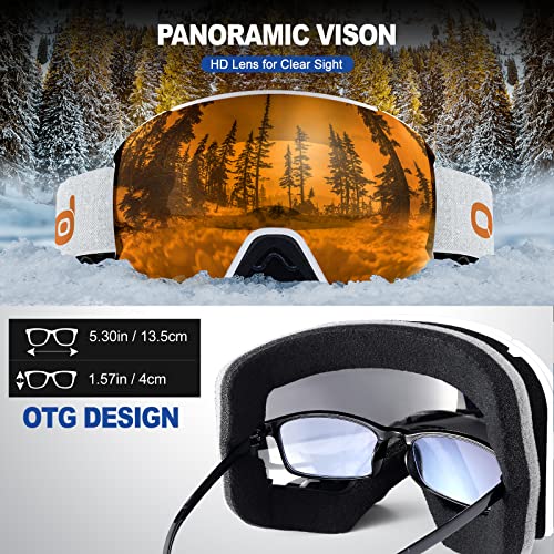 Odoland Ski Goggles Set With Detachable Lens, Interchangeable Lens, Anti-Fog 100% Uv Protection Snow Goggles For Men And Women, Helmet Compatible, White Frame Orange Lens Vlt 25% #TOP3