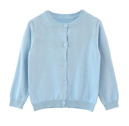 La Mejor Lista de Jerséis para Niña favoritos de las personas. 43 RJXDLT Cárdigan de manga larga con cuello redondo para niñas, suéter de algodón con botones, suéter uniforme para niñas pequeñas, Azul, 5 Años