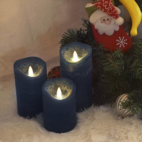 Image of Navy Blue Real Wax Battery Operated Flameless Candles Remote Timer 3 Pack
