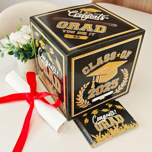 Image of Graduation Card Box 2026 Black and Gold Class of 2026 Card Box with 30PCS Graduation Advice Cards for Congrats Grad Party Favors Supplies