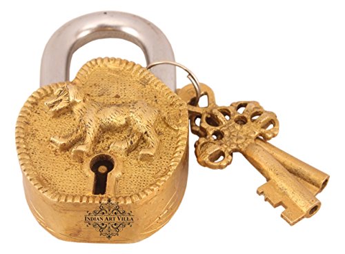 Image of Indian Art Villa Handmade Old Vintage Style Antique Dog Design Brass Security Lock with 2 Keys|Home Temple Office