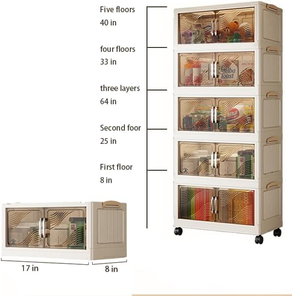 5 Tier Stackable Plastic Storage Bins with Lids Stackable Containers with Wheels and Magnetic Doors Wheels StackableStorage Bins for Living Room,Office,Dorm - Image 2