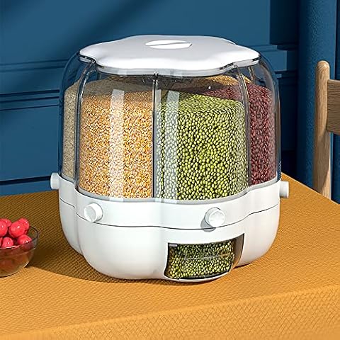 Dyna-Living Rice Dispenser Rice Storage Container Rotatable Food Storage Rice Bucket 6 Grid Classified Insect Proof And Moisture-Proof Grain Storage Box for Grains Rice Sugar Seasoning Cover