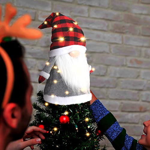Lighted Christmas Tree Topper 25 Inch Large Buffalo Plaid Gnome Tree Topper With Lights Scandinavian Swedish Tomte Battery Operated Elf Christmas Decorations For Xmas Tree Home Winter Holiday Decor #TOP4