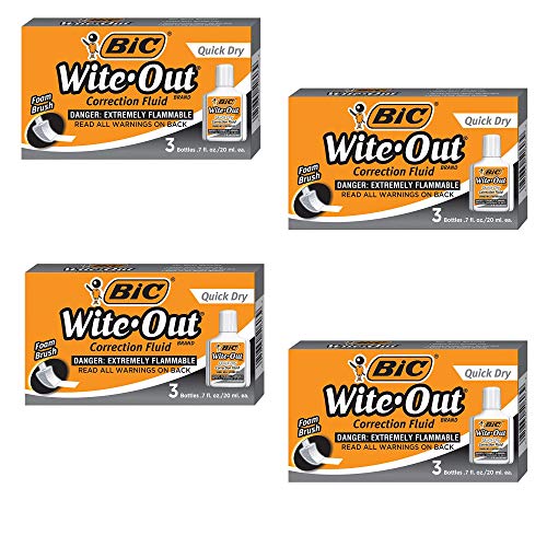 BIC Wite-Out Quick Dry Correction Fluid - 3 per Pack (BICWOFQD324), 4 Pack