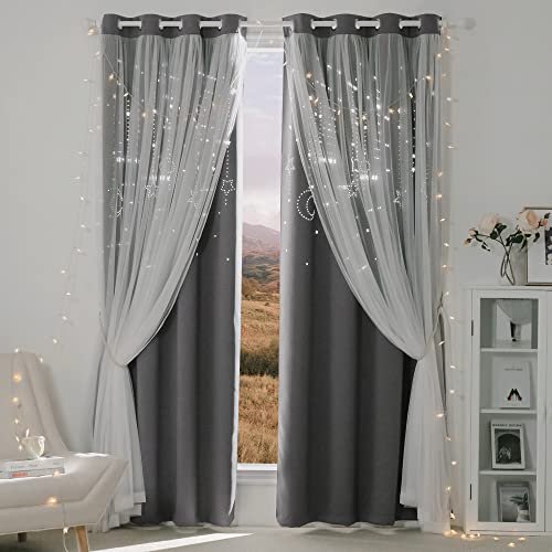 NICETOWN Blackout Curtains 95 inch Long for Living Room Bedroom, Grommet Thermal Insulated Star Moon Hollow-Out Curtain for Kids Baby Room, 52" Wide p