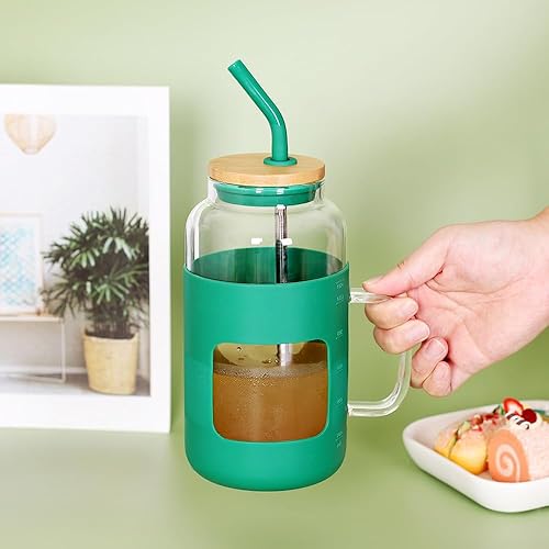 Miniatura 5 de Vaso de vidrio de 50 onzas con tapa de bambú y popote, botellas de agua de vidrio con funda de silicona, taza de café helado con asa, vasos para