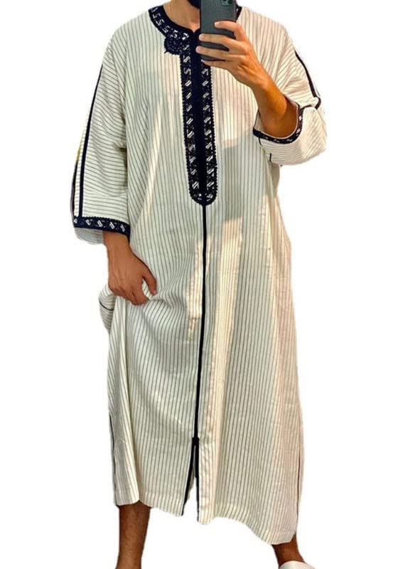 BINIATMuslim Dishdasha Robe Middle East Thobe Long Sleeve Striped Shirts Kaftan Islamic Long Gown Thobe Robe for Men