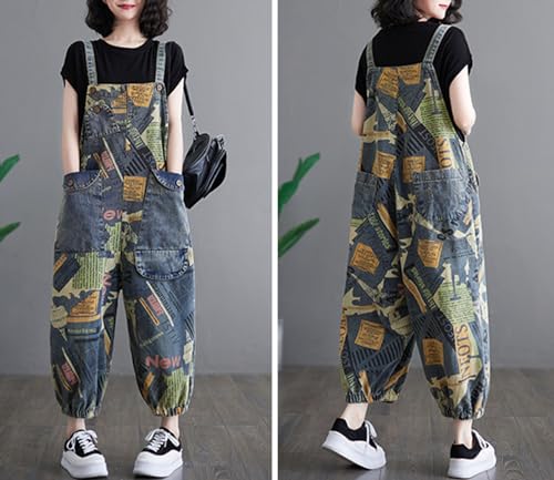 JRPNMOIYUA Macacão Jeans Feminino Solto Casual com Fundo Elástico Calça Harém Estampada Vintage com