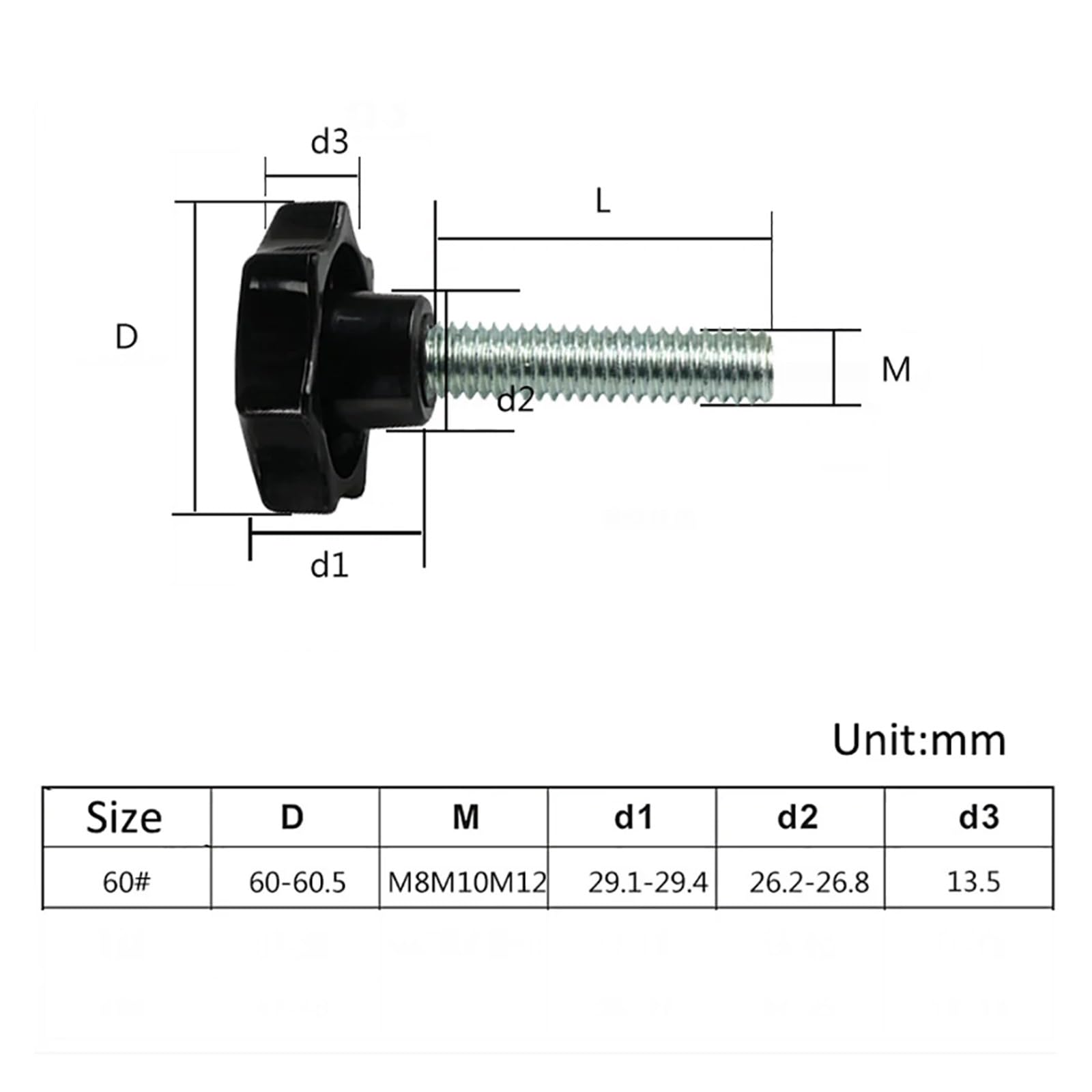Tornillo de Mariposa de plástico Negro M8 M10 con pomo de Agarre Manual, Tornillo de Mariposa de 7 Esquinas, n.° 60(M10x40mm)
