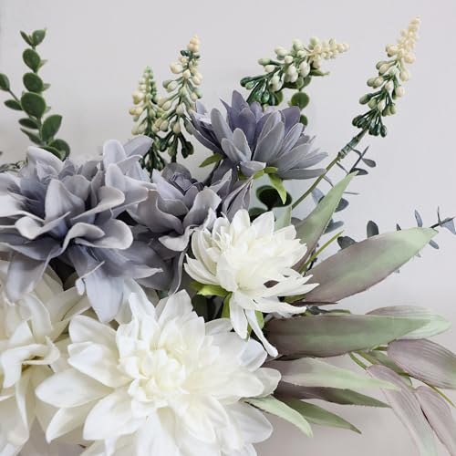 Zezuxy AFWV20230723 Artificial Flowers With Vase White Blue Silk Dahlia Faux Flowers In Ceramics Vase Plastic Fake Plants Flowers Bouquet Boho Floral Arrangement thumb #3