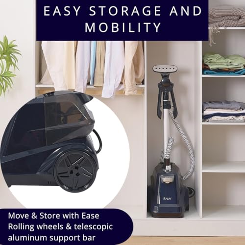 Image of SALAV Heavy Duty Smart Auto Shut-off Commercial Full-Size Garment Steamer, Beeping Alert when Water Runs out, Foot Pedal Control, XL 3L (101.5 oz) Tank, 1800 watts, 90+min of Continuous Steam, Navy