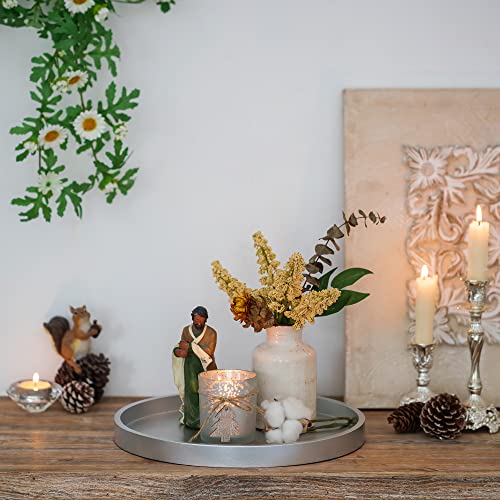 Hanobe Decorative Coffee Table Tray: Silver Wood Tray Round Rustic Wooden Trays 31cm/12.2in Circle Farmhouse Centerpiece Candle Holder for Home Decor Ottoman Counter Display Living Room Organizer - Image 2