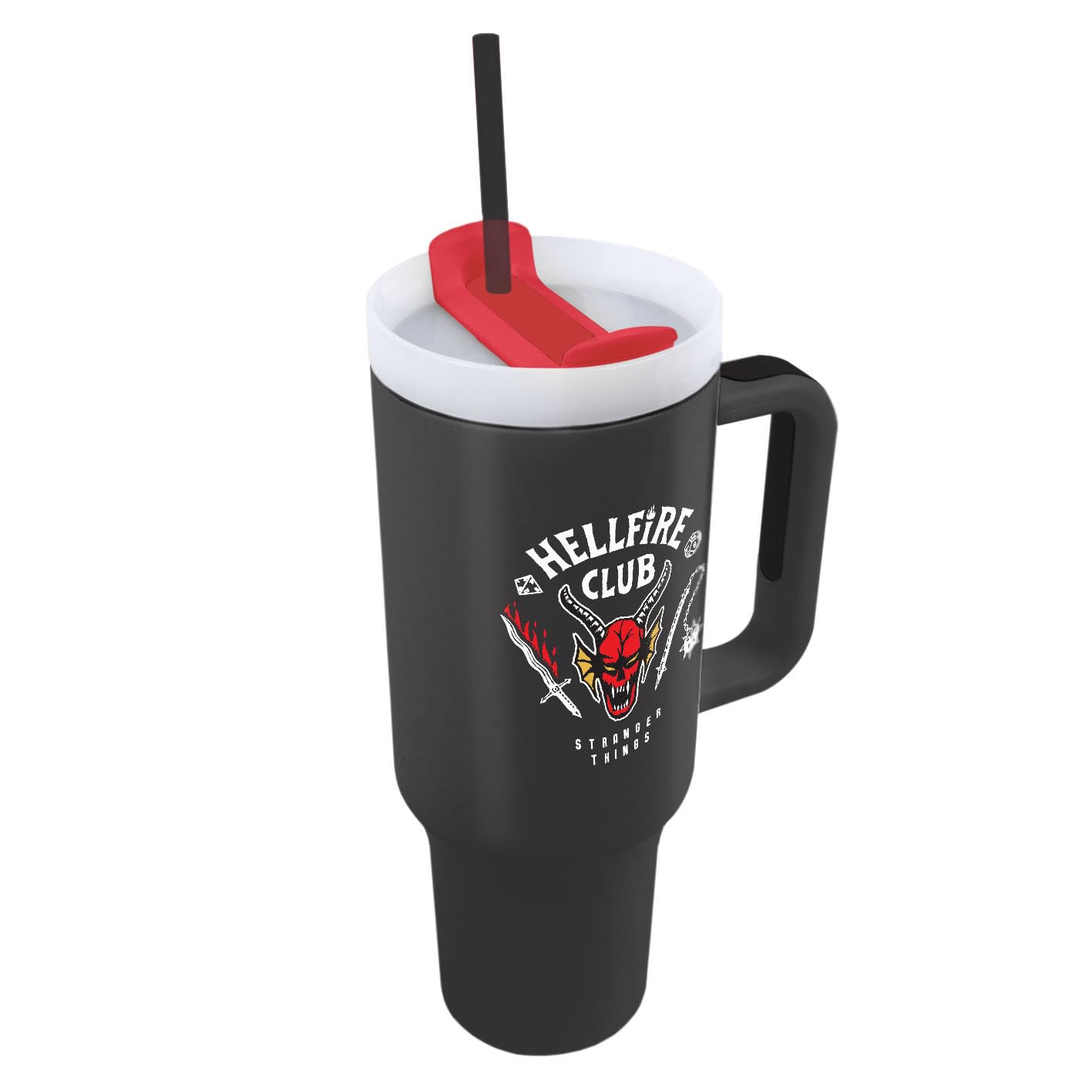 ‎Pyramid International Stranger Things Hellfire Club, bicchiere da 1200 ml, con cannuccia e coperchio, isolamento sottovuoto a doppia parete, mantiene le bevande fredde fino a 11 ore, calde fino a 7