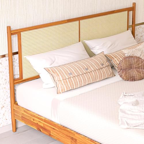 Image of Bme Oliver King Bed Frame and Headboard - 15-Inch Signature Design with Rattan Headboard, Bohemian and Mid Century Style, 12-Slat Wood Support, No Box Spring Needed - Easy Assembly, Caramel