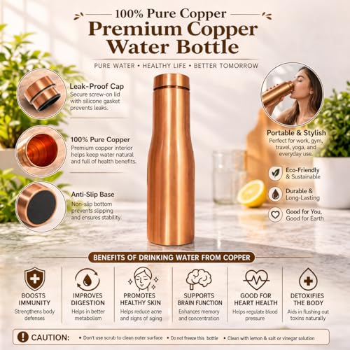 Image of JAIPUR ACE Hammered Pure Copper Water Bottle with Glass Set | 100% Copper Bottle Set | Leak Proof, Ayurvedic Health Benefits, Premium Design Gift Set for Home, Office, Gifting (Plain Copper bottle)