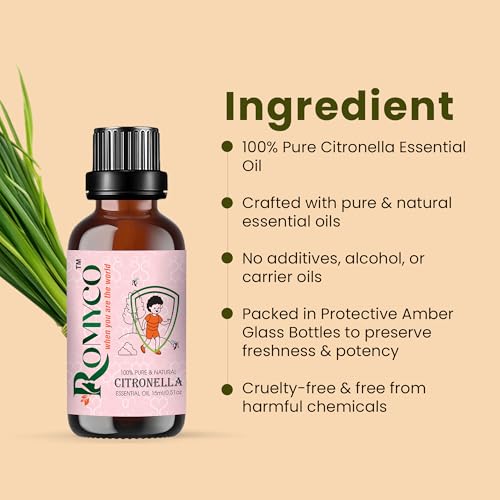 Image of Romyco Citronella Essential Oil 15ml | Natural Insect & Mosquito Repellent Oil | Therapeutic Grade Pure Natural Undiluted | Aromatherapy Diffuser