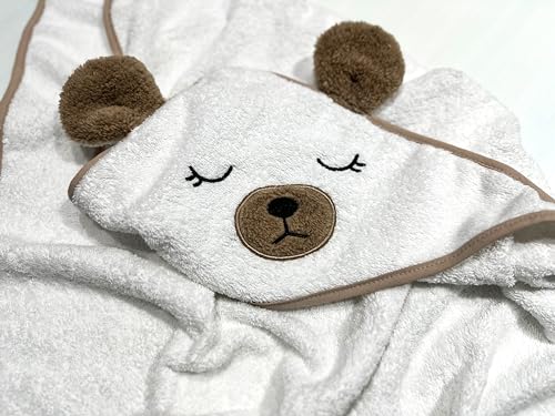 Image of Organic Baby Hooded Bath Towel 30x30 Inch - 100% Organic Cotton, 380 GSM Soft & Absorbent Newborn Towel with Embroidered Hood, (Bear)