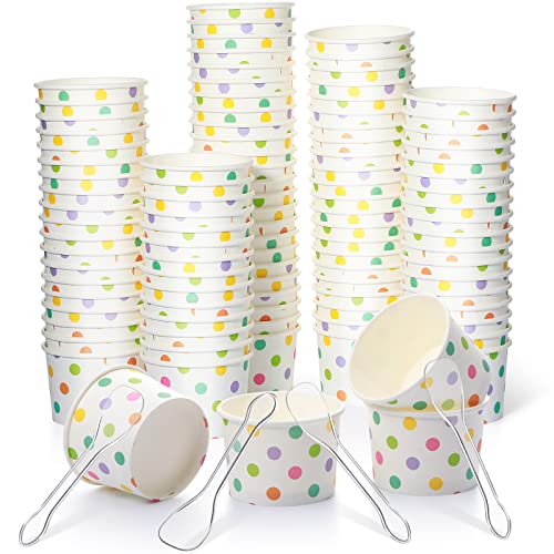 Image of Boao 100 Set 5 oz Ice Cream Cups with Spoons Disposable Paper Sundae Dessert Bowls Summer Party Supplies (Novel Style)