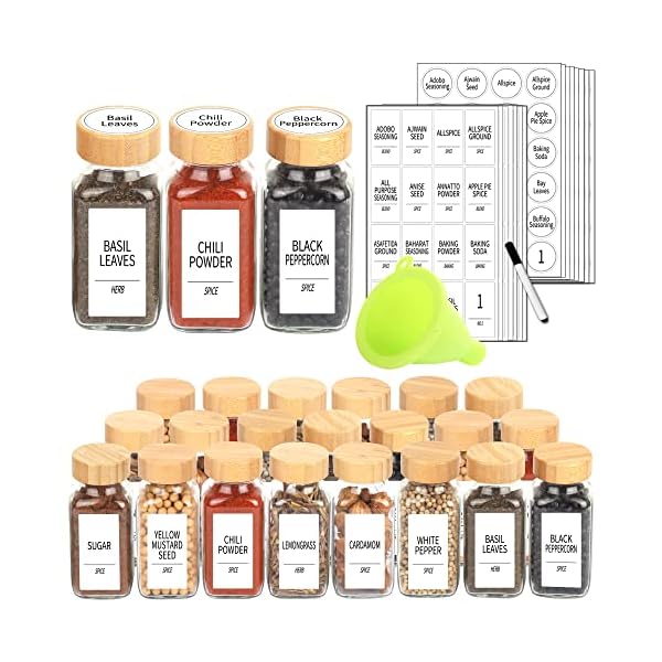 SWOMMOLY 24 Pcs Glass Spice Jars with 366 Labels, 6 oz Spice Jars with Bamboo Lids, Empty Spice Bottles with Shaker Lids, Spice Containers with White Spice Labels,Chalk Marker, Funnel.