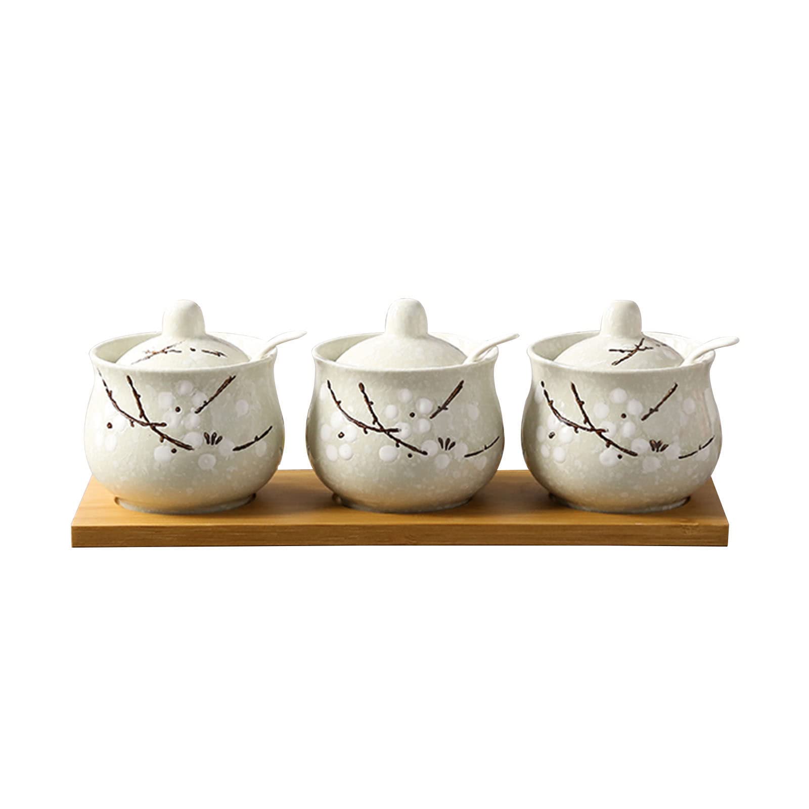 Sucrier en Fleur De Prunier De Style Chinois avec Couvercle Et Cuillère, Pot À Sucre en Céramique, Pot À Épices pour Récipient À Sucre, Pot À Sel, Boîte À Assaisonnement