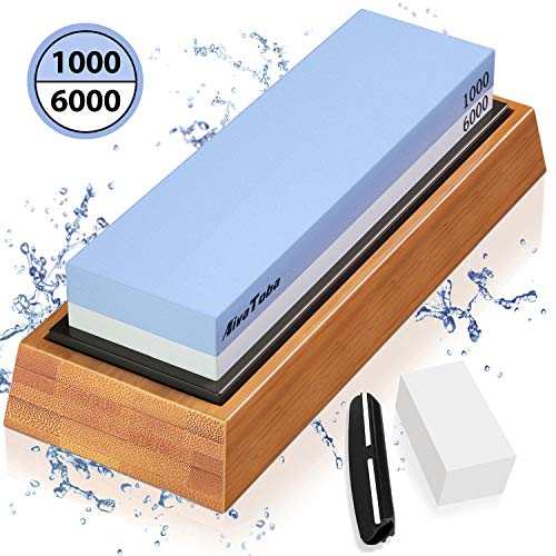Pietra Affilacoltelli 1000/6000 Grana Pietre per Affilare 2-in-1 Solido Cote Affilare i coltelli Waterstone con Base in bambù,Supporto in Silicone Antiscivolo,Pietra Appiattita e Guida Angolare