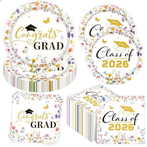 PUEVENYI 100Pcs 2026 Wildflower Graduation Party Supplies - Floral Paper Plates and Napkins Disposable Class of 2026 Theme Dinner Plates and Napkins fou 2026 Graduation Party Decorations