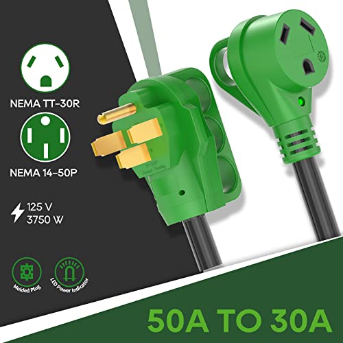 Image of RVGUARD 50 Amp to 30 Amp RV Adapter Cord 12 Inch | NEMA 14-50P to NEMA TT-30R, Electrical Power Adapter with LED Power Indicator, 12 Inch, Green, ETL Listed
