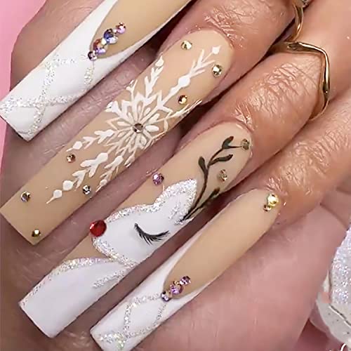 Christmas Press on Nails Long French Tip Coffin Fake Nails Full Cover False Nails with Rhinestones Glitter Designs Acrylic Nails White Snowflake Reindeer Glue on Nails Nail Supplies for Women Girls