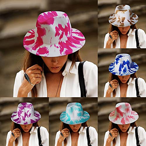 Unisex Tie-Dye Fashion Designer Wide Flat Brim Fedora Hats Bowler Hats Panama Hat Gentleman Breathable Lightweight Outdoor Travel Low Profile Hot Pink One Size #TOP5