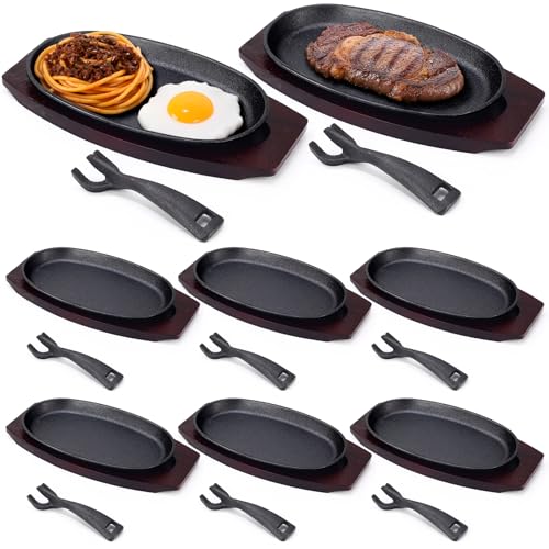 Image of Maxdot 8 Pieces Cast Iron Fajita Skillet Pan Set Sizzling Steak Plate with Wooden Base and Handle Cast Iron Fajita Skillet Sizzling Plate for Home Restaurant Barbecue Holiday Party