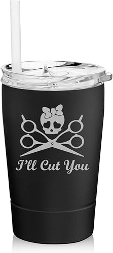 Vista 4 de Vaso de 12 onzas de acero inoxidable de doble pared aislado al vacío para café con pajilla, taza de viaje con popote I'll Cut You Hair Dresser