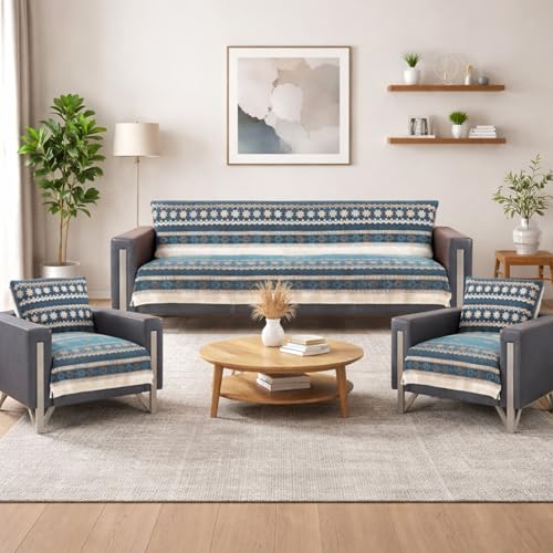 Image of Elegant Woven Turquoise Sofa Cover - Soft Chenille Traditional Pattern with Lace Style | L-Shape Sectional Seat Protector for Living Room | Durable & Stylish Slipcover 5 Seater Sofa
