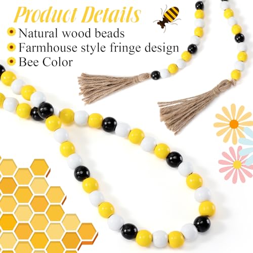 Image of Equsion Wooden Bead Garland with Tassels, Extra Long Fireplace Wood Bead Garlands Rustic Farmhouse Vintage Boho Beads Garland for Party Home Decor Tiered Tray Decorative Beads(Bee Color)
