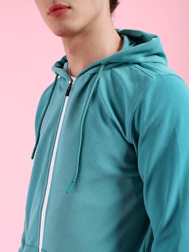 Image of The Indian Garage Co Men Regular Fit Self Design Front Open Hooded Sweatshirt