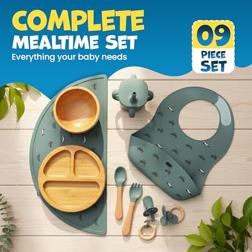 Bamboo & Silicone Baby Feeding Set 8 PCS | Baby Led Weaning Supplies Self Feeding | Divided Suction Plate Bowl Bib Sippy Cup with Straw Utensils Baby Bowls and Spoons Toddler Feeding Set (Pine Gray) - Image 5
