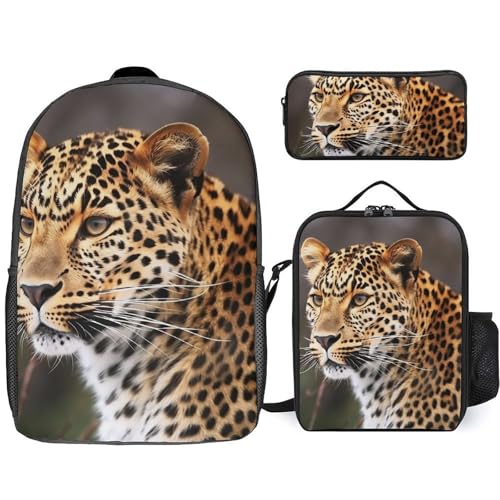 3 Piece Backpack for Women Men Lightweight Causal Daypack Shoulder Bag Set with Insulated Lunch Bag And Pencil Case Organizers Leopard5