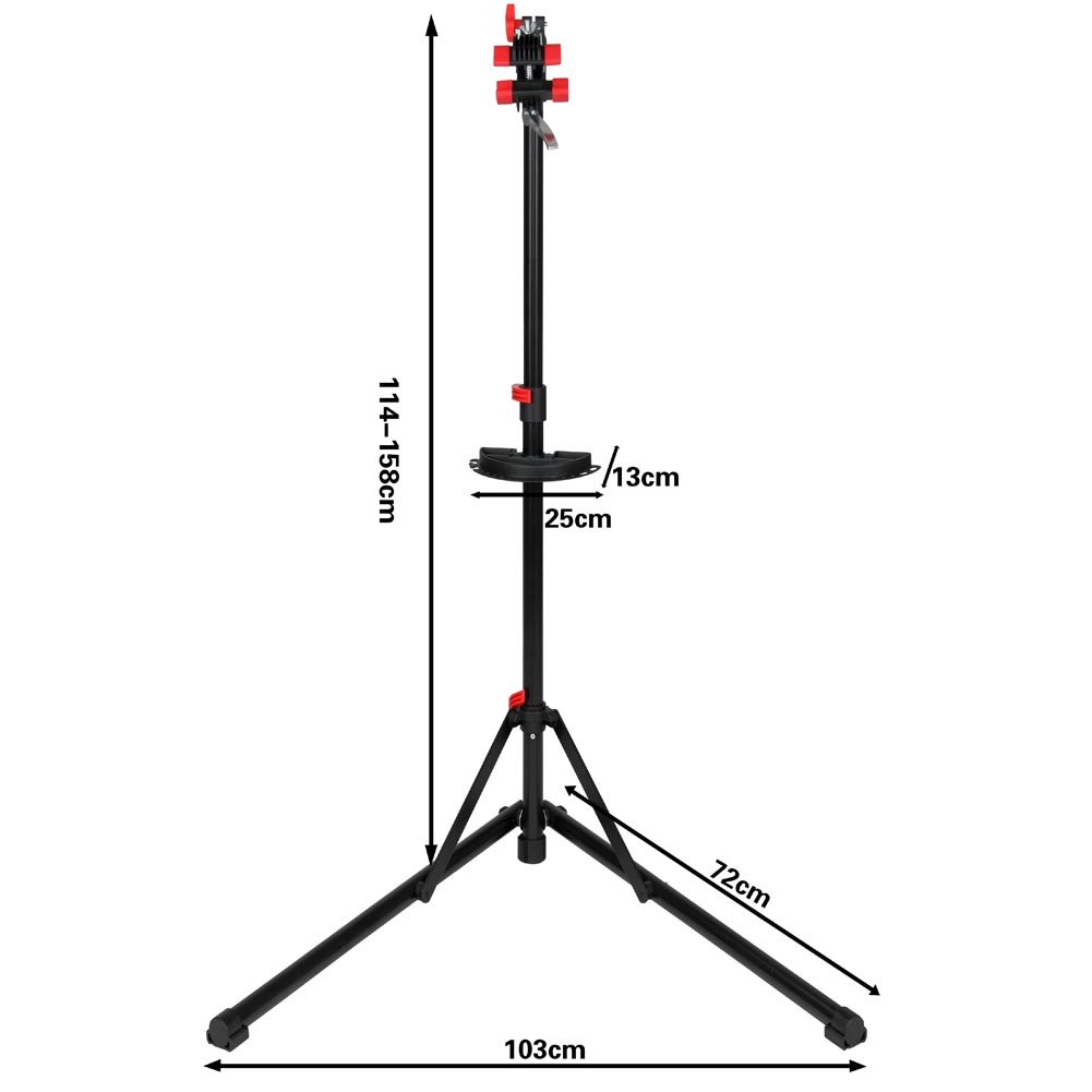 BAKAJI Unisex Schwerlast Fahrradmontageständer für Profis, Teleskopständer für Fahrräder, Montageständer mit magnetischer Werkzeugschale, Werkstatt, Garage, tragbar, Schwarz, 103 x 72 x 110/159 cm